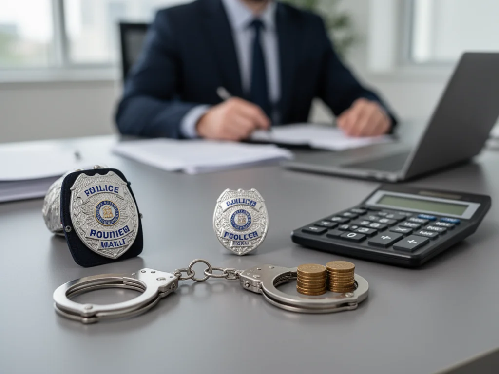 Biurko policjanta kryminalnego z odznaką, kajdankami, kalkulatorem i monetami, symbolizujące zarobki i dodatki w służbie