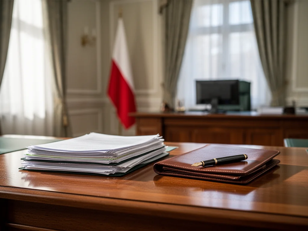 Eleganckie biurko w gabinecie prezydenckim z dokumentami i piórem, w tle flaga Polski, poważna atmosfera urzędowa.
