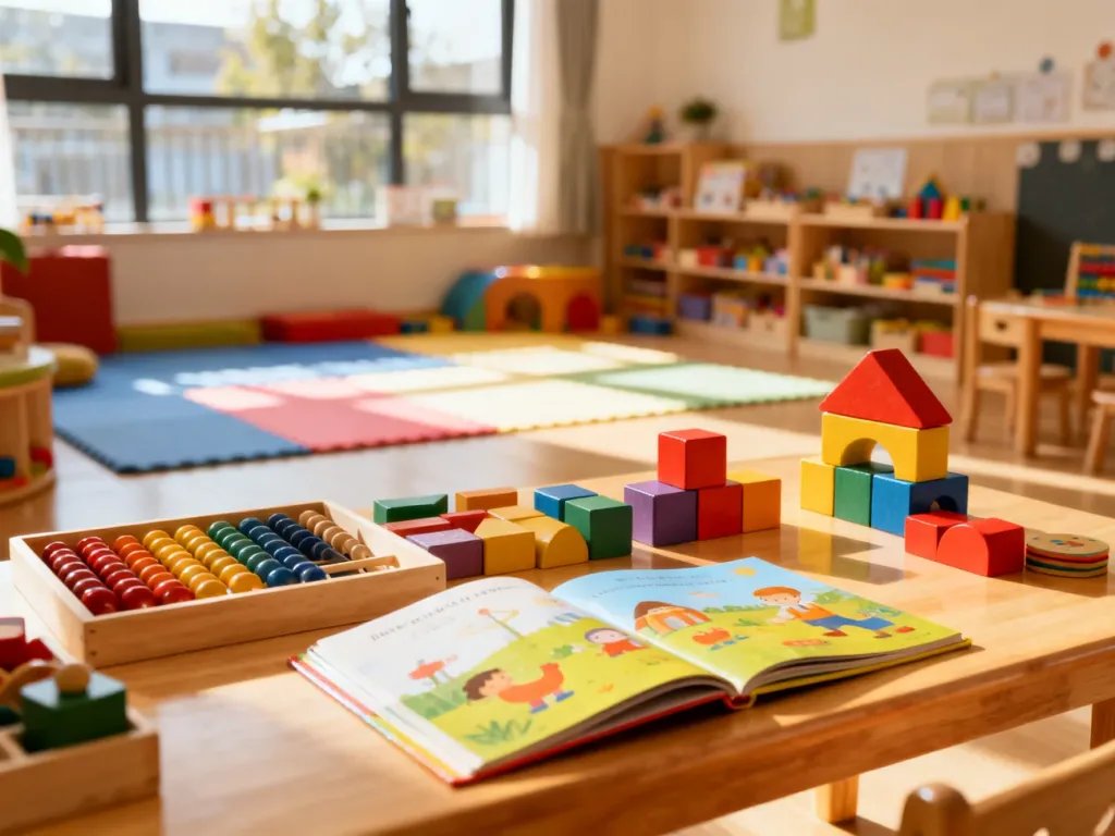 Jasne i kolorowe wnętrze sali przedszkolnej z edukacyjnymi zabawkami, sprzyjające rozwojowi i zabawie dzieci.