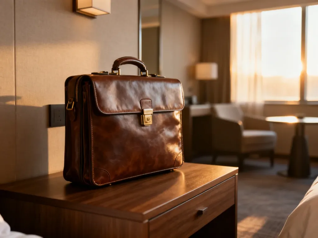 Skórzana aktówka na hotelowym stoliku nocnym w słonecznym pokoju, symbolizująca wyjazd służbowy.