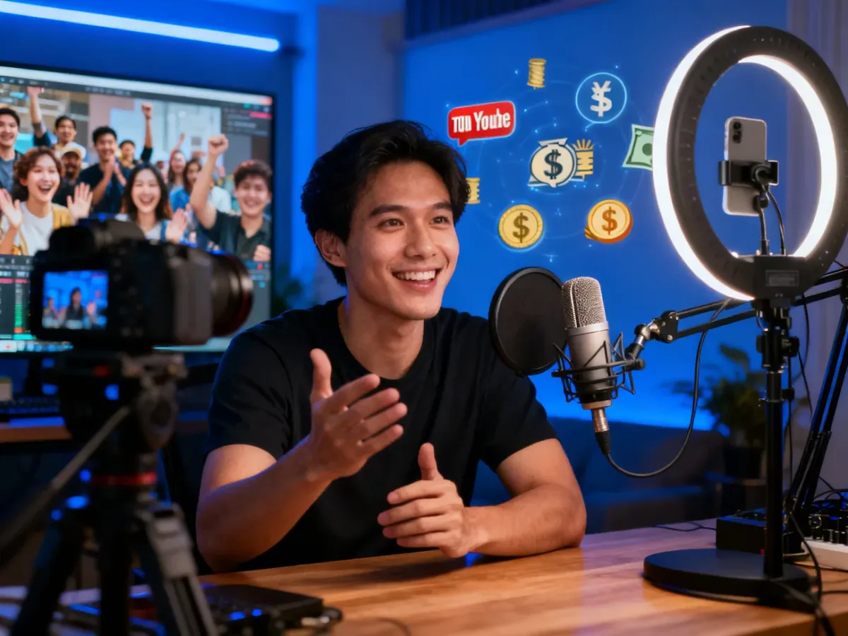 Twórca YouTube prowadzący transmisję w profesjonalnym studio