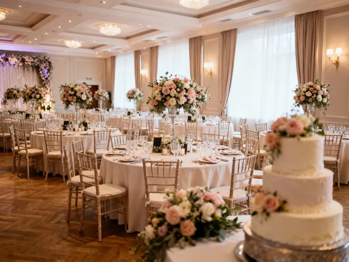 Elegancka sala weselna przygotowana na przyjęcie dla stu gości