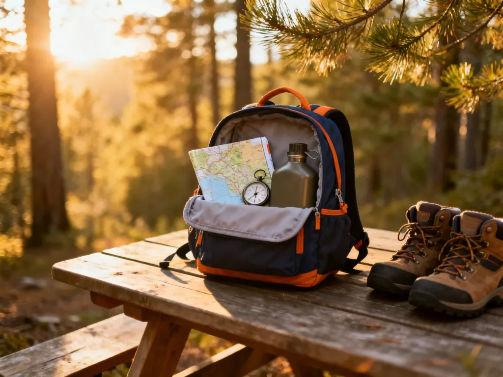 Plecak dziecka z mapą, kompasem i butami trekkingowymi, przygotowany na letnią wyprawę w lesie.