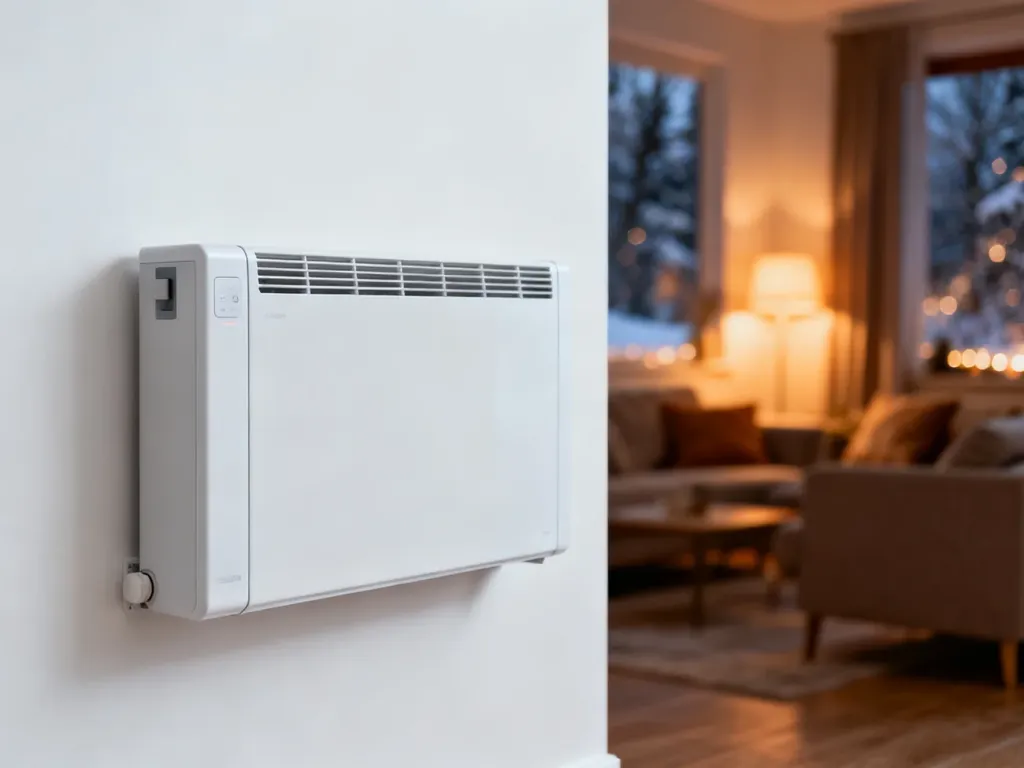 Nowoczesny grzejnik elektryczny o minimalistycznym designie zamontowany na ścianie w przytulnym salonie.