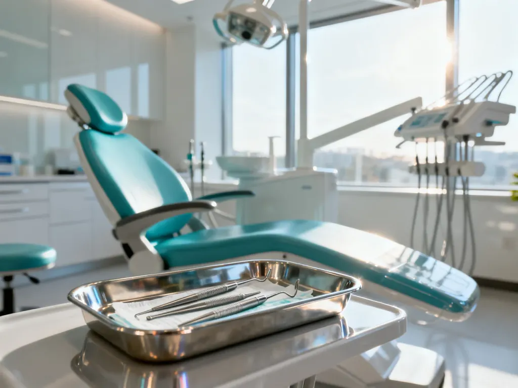 Nowoczesny gabinet stomatologiczny z profesjonalnym fotelem dentystycznym i sterylnymi narzędziami w jasnym wnętrzu.