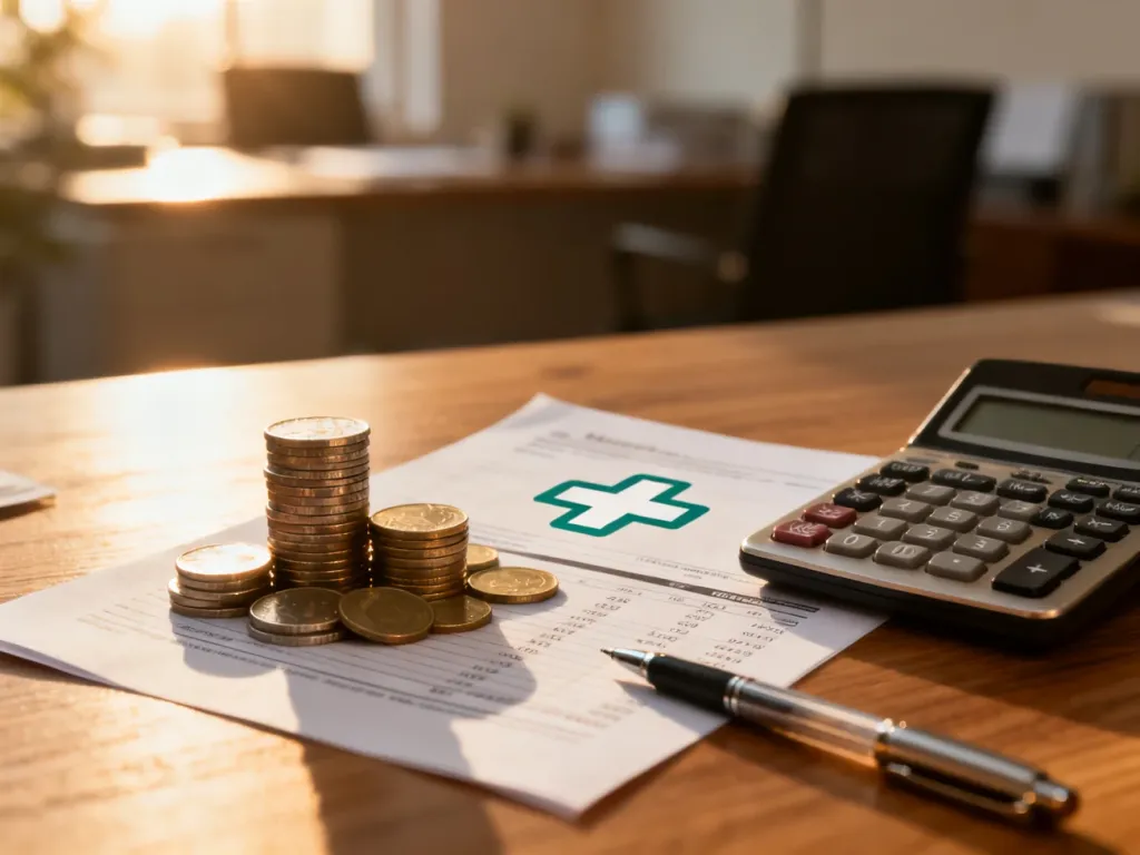 Stos dokumentów z symbolem medycznym, monety i kalkulator na biurku, symbolizujące rozliczenia finansowe za czas choroby.