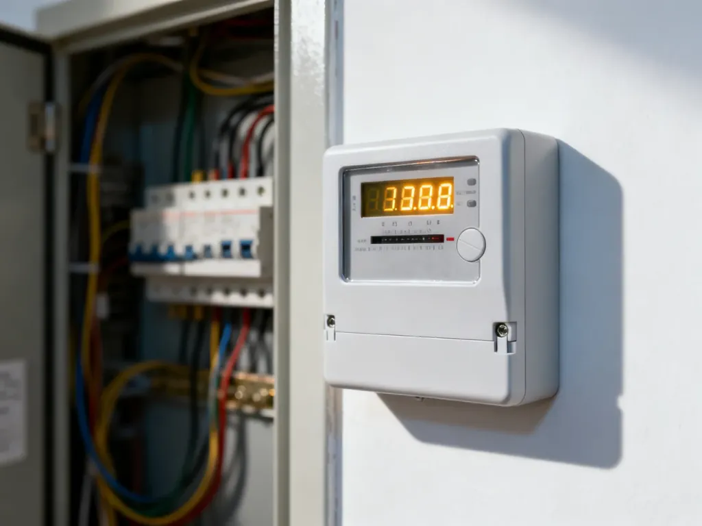 Nowoczesny cyfrowy licznik energii elektrycznej zamontowany na białej ścianie w pomieszczeniu gospodarczym.