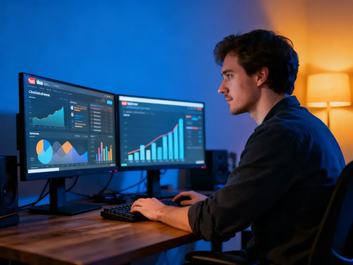 Twórca YouTube analizujący przychody i statystyki reklamowe na monitorach