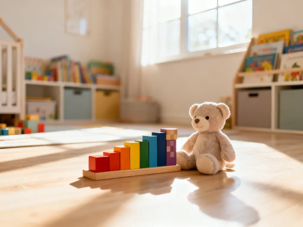Jasne i przytulne wnętrze nowoczesnego żłobka z kolorowymi klockami i zabawkami, zachęcające do edukacji i zabawy.