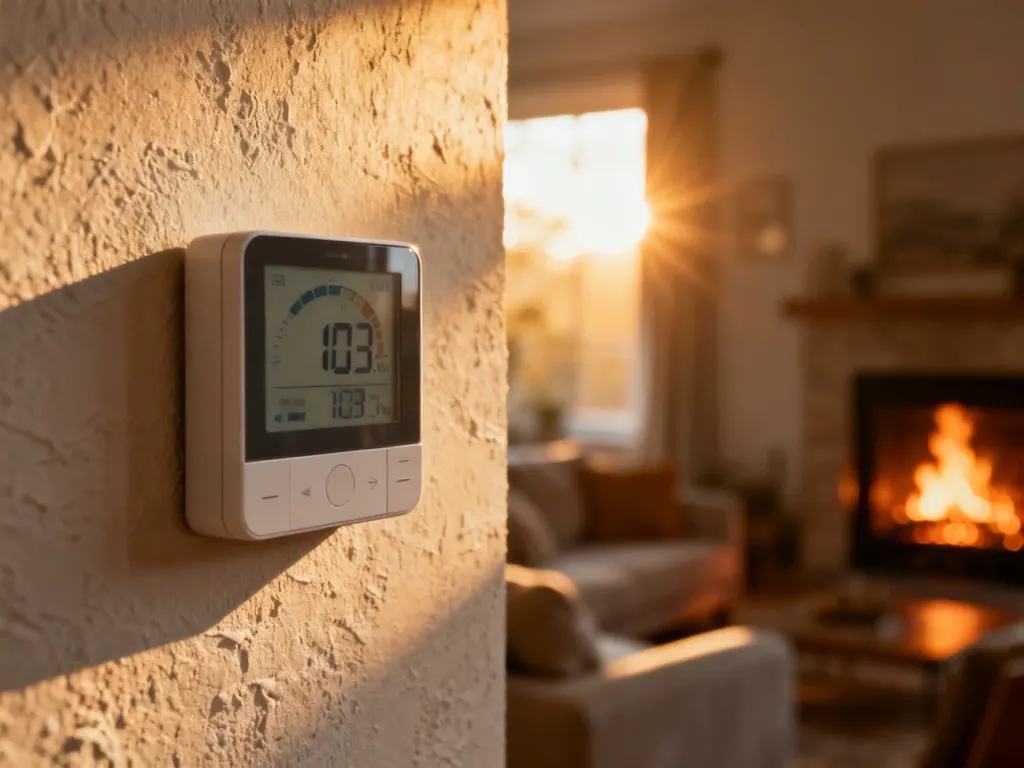 Nowoczesny termostat cyfrowy na ścianie, wyświetlający dane o zużyciu energii w przytulnym, ogrzewanym salonie.