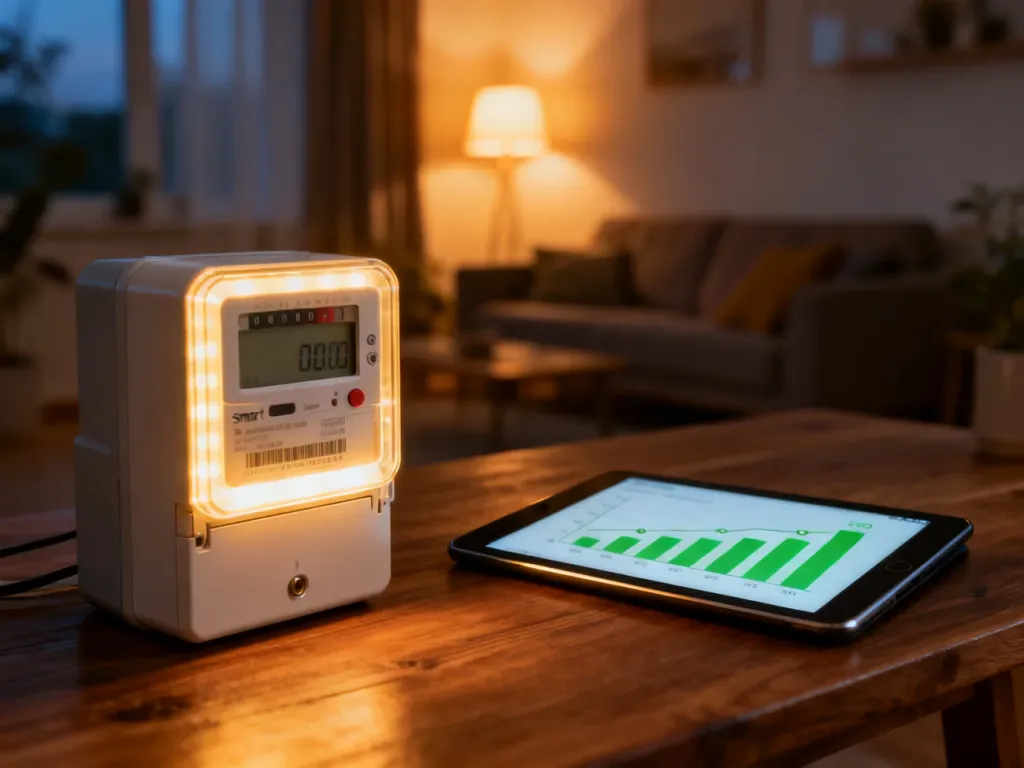 Inteligentny licznik energii i tablet z wykresami zużycia prądu w przytulnym, energooszczędnym wnętrzu domu.