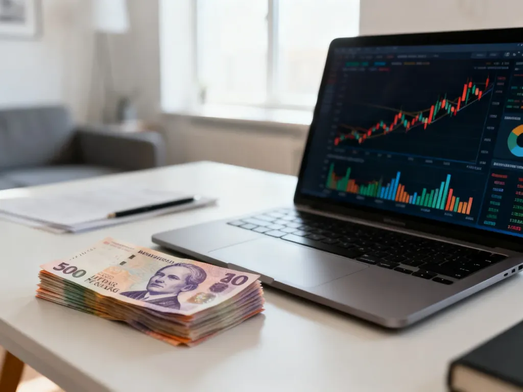 Biurko z laptopem pokazującym wykresy finansowe oraz norweskie korony w minimalistycznym, skandynawskim wnętrzu.