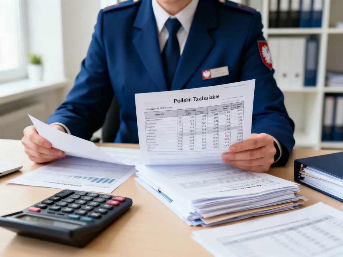 Inspektor w urzędzie skarbowym analizujący dokumenty dotyczące wynagrodzeń