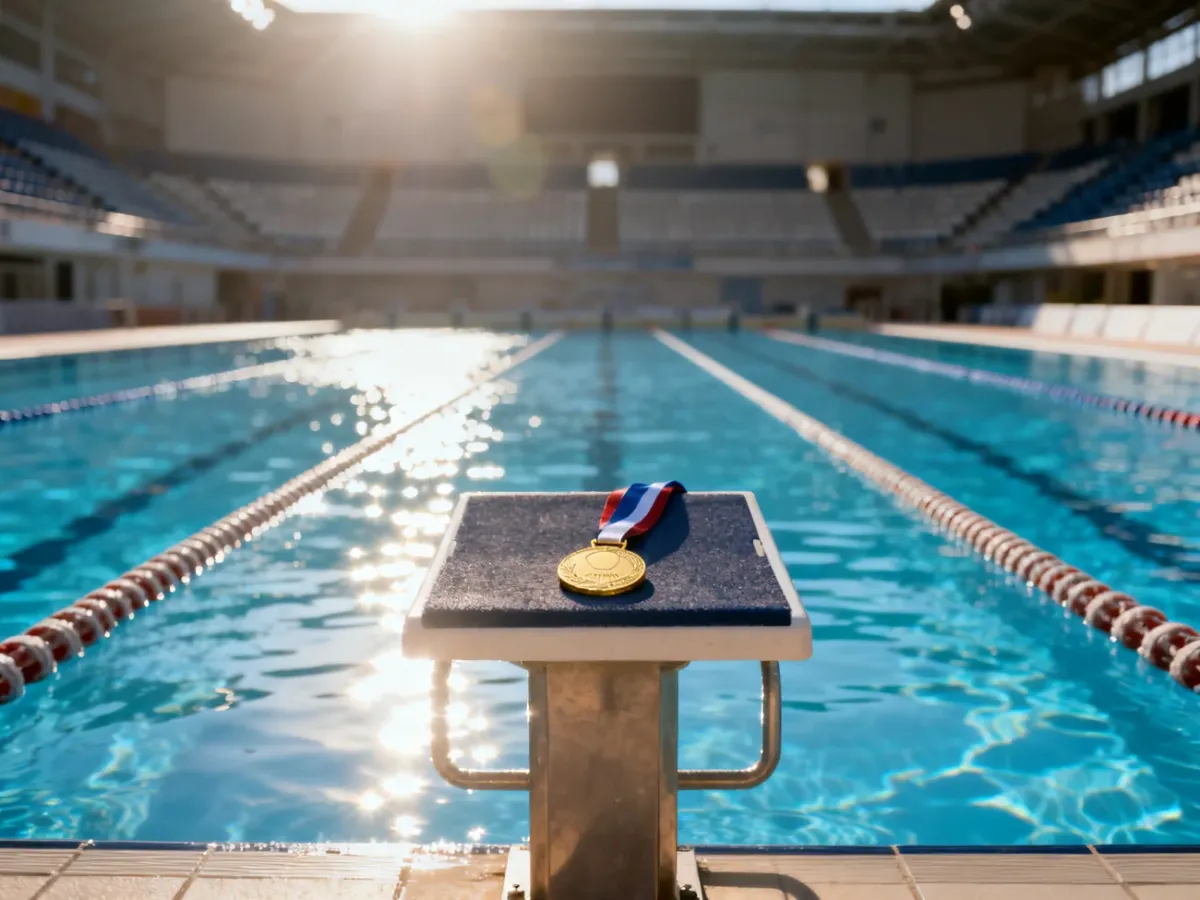 Złoty medal leżący na słupku startowym przy profesjonalnym basenie olimpijskim.