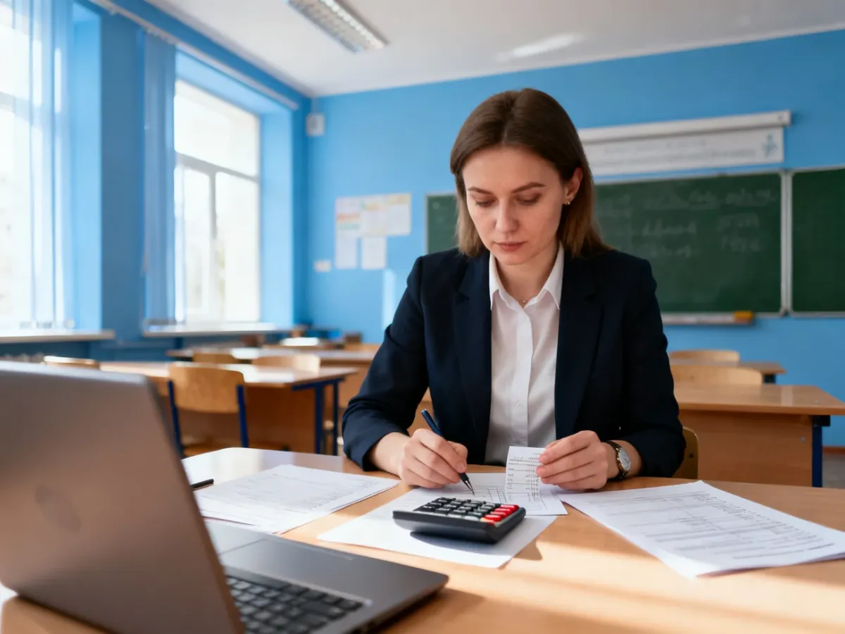 Nauczyciel analizujący wyliczenia wynagrodzenia przy biurku w klasie