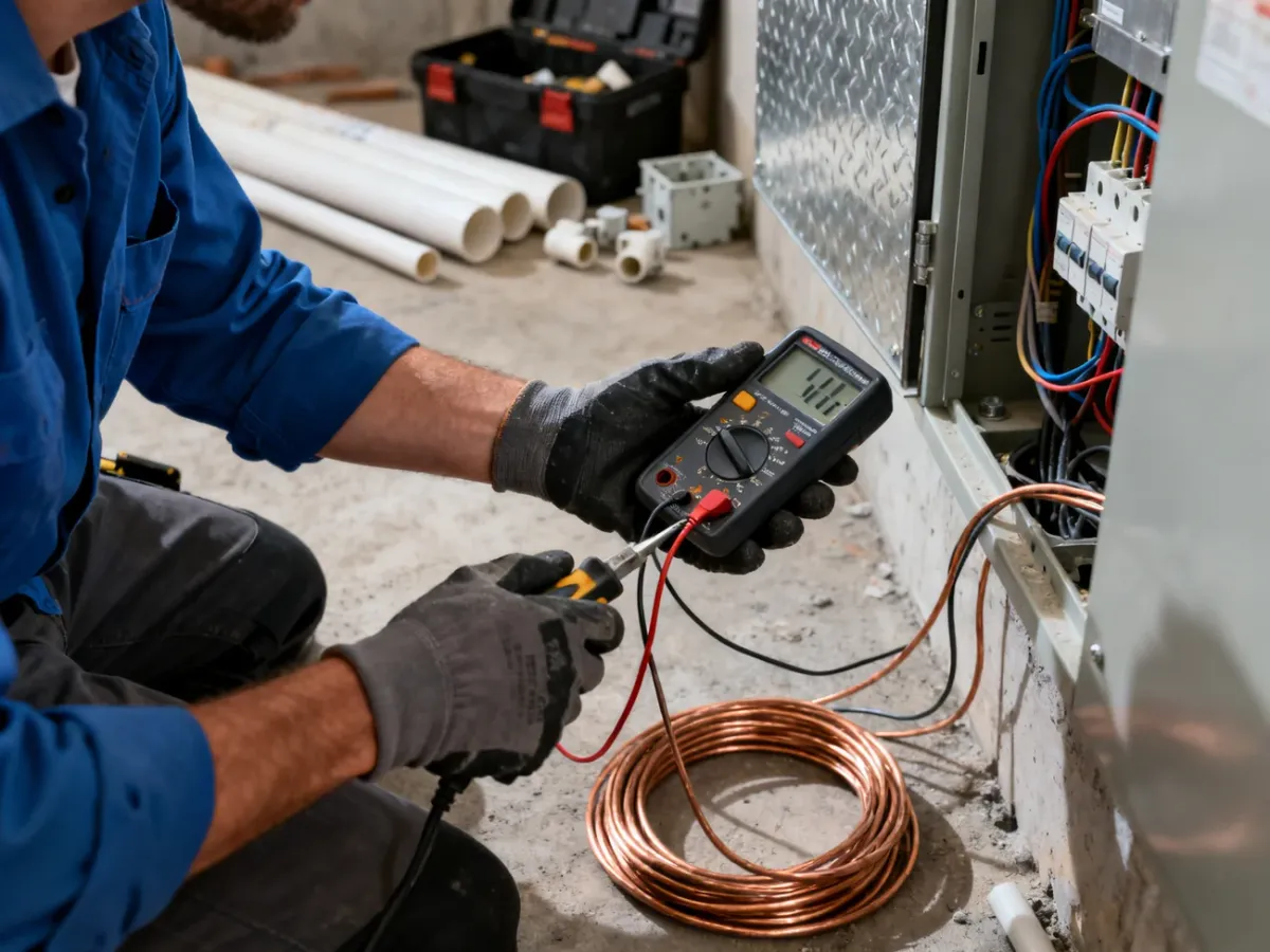 Elektryk budowlany podczas pracy przy instalacji elektrycznej