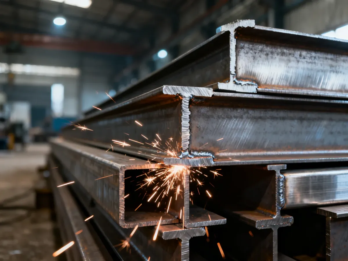 Stalowe belki konstrukcyjne i elementy metalowe w hali produkcyjnej, podkreślające specyfikę pracy montera konstrukcji.
