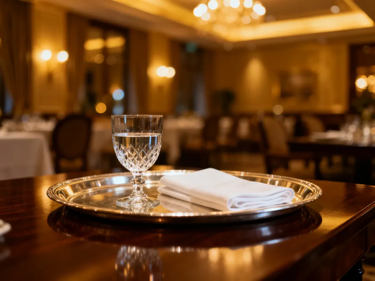 Elegancko nakryty stolik w hotelowej restauracji z subtelnym oświetleniem w tle.