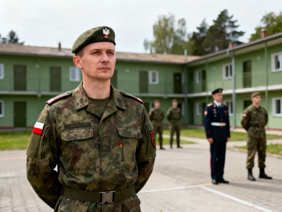 Żołnierz zawodowy na terenie jednostki wojskowej z innymi żołnierzami w tle
