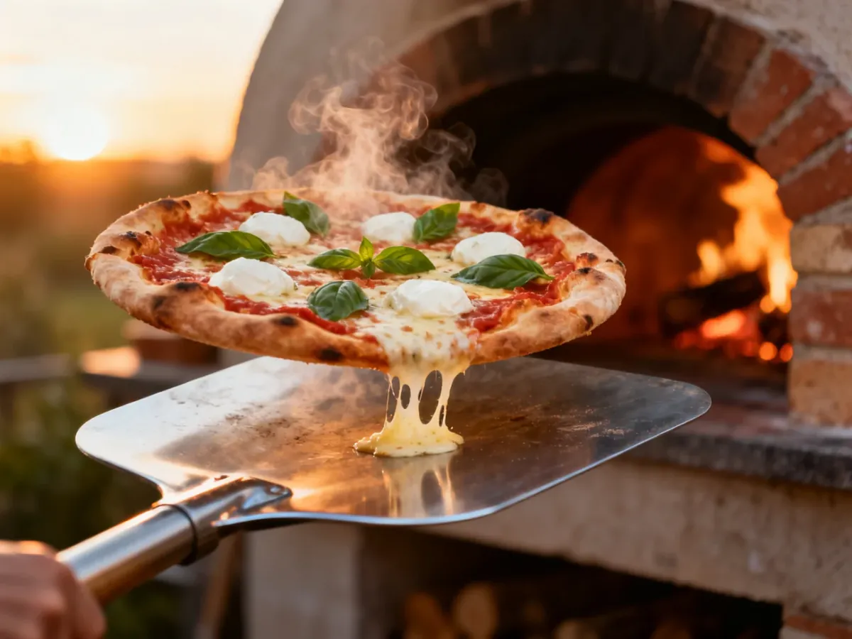 Świeżo upieczona pizza margherita na łopacie, wyjęta z pieca opalanego drewnem.