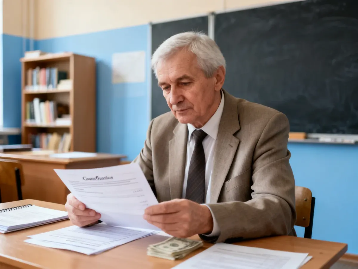 Doświadczony nauczyciel analizujący dokumenty dotyczące wynagrodzenia w szkolnej klasie