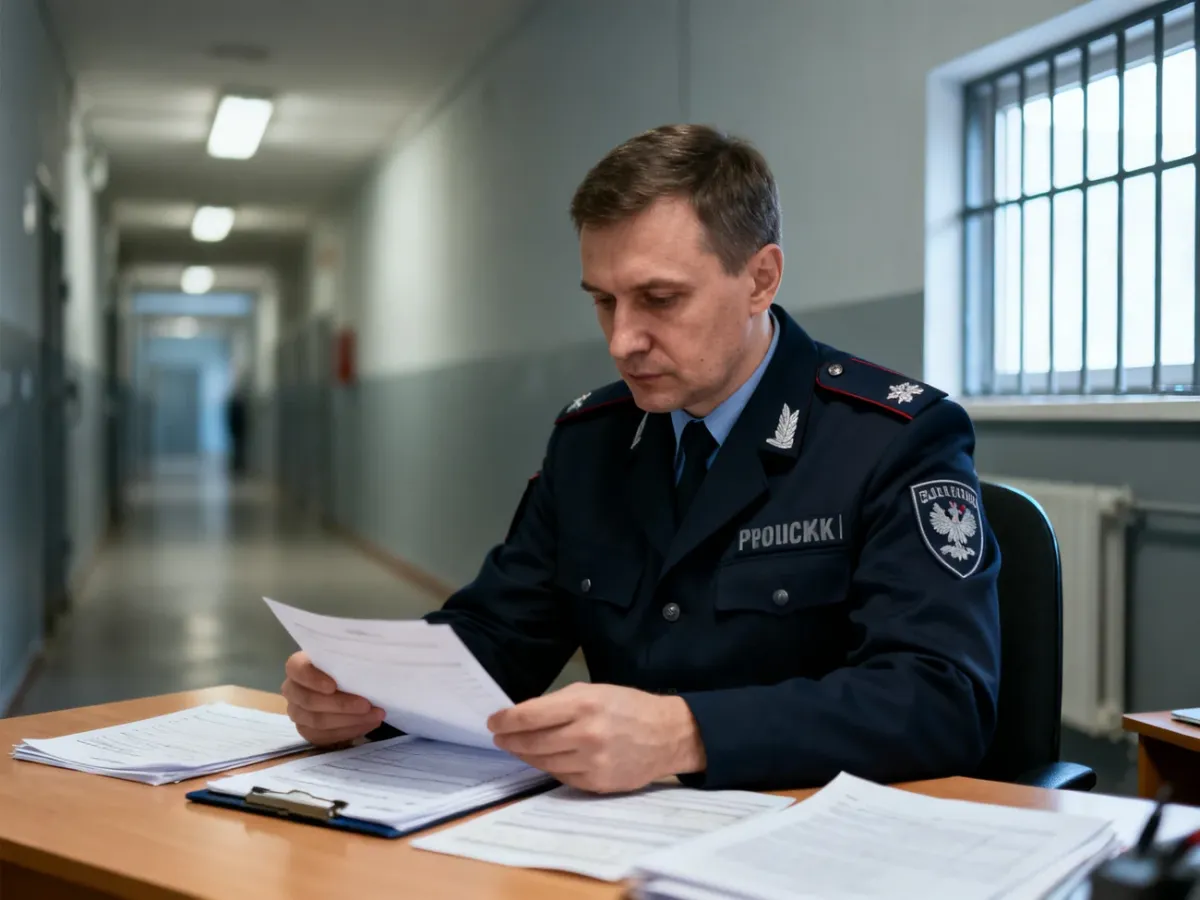 Funkcjonariusz Służby Więziennej przeglądający dokumenty w biurze zakładu karnego