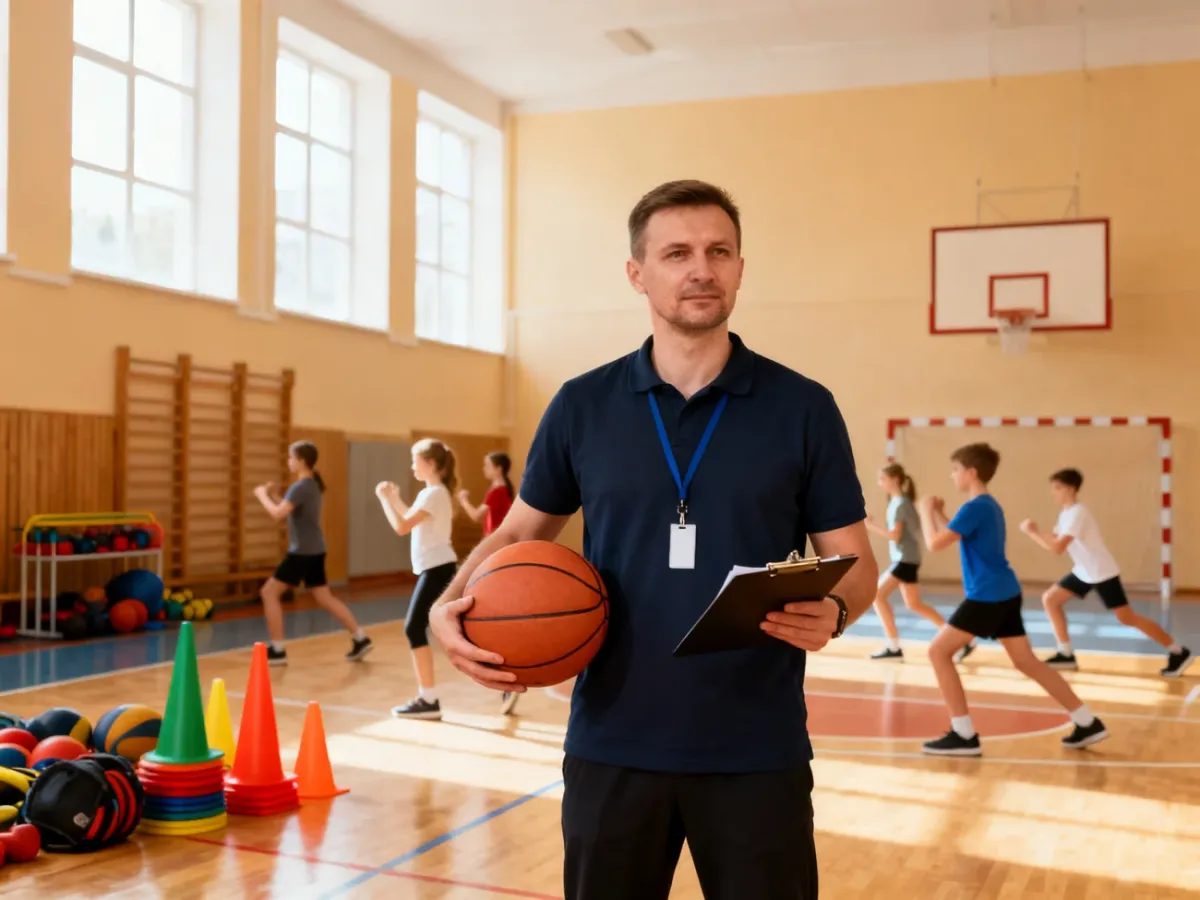 Nauczyciel wychowania fizycznego prowadzący zajęcia sportowe w szkolnej sali gimnastycznej