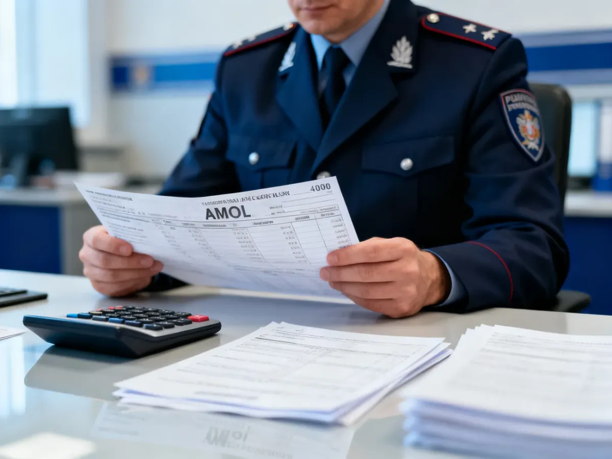 Policjant analizujący dokumenty dotyczące wynagrodzenia w biurze