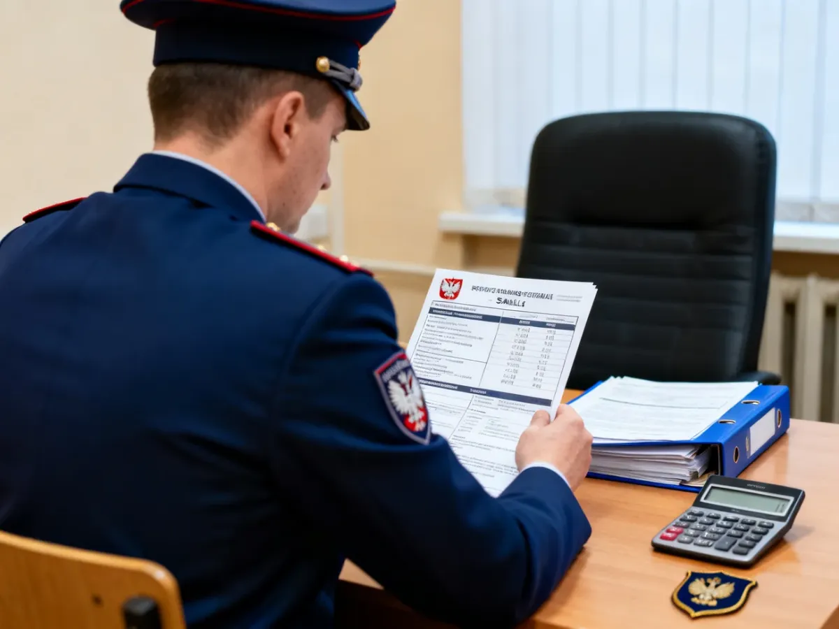 Funkcjonariusz analizujący składniki wynagrodzenia przy biurku