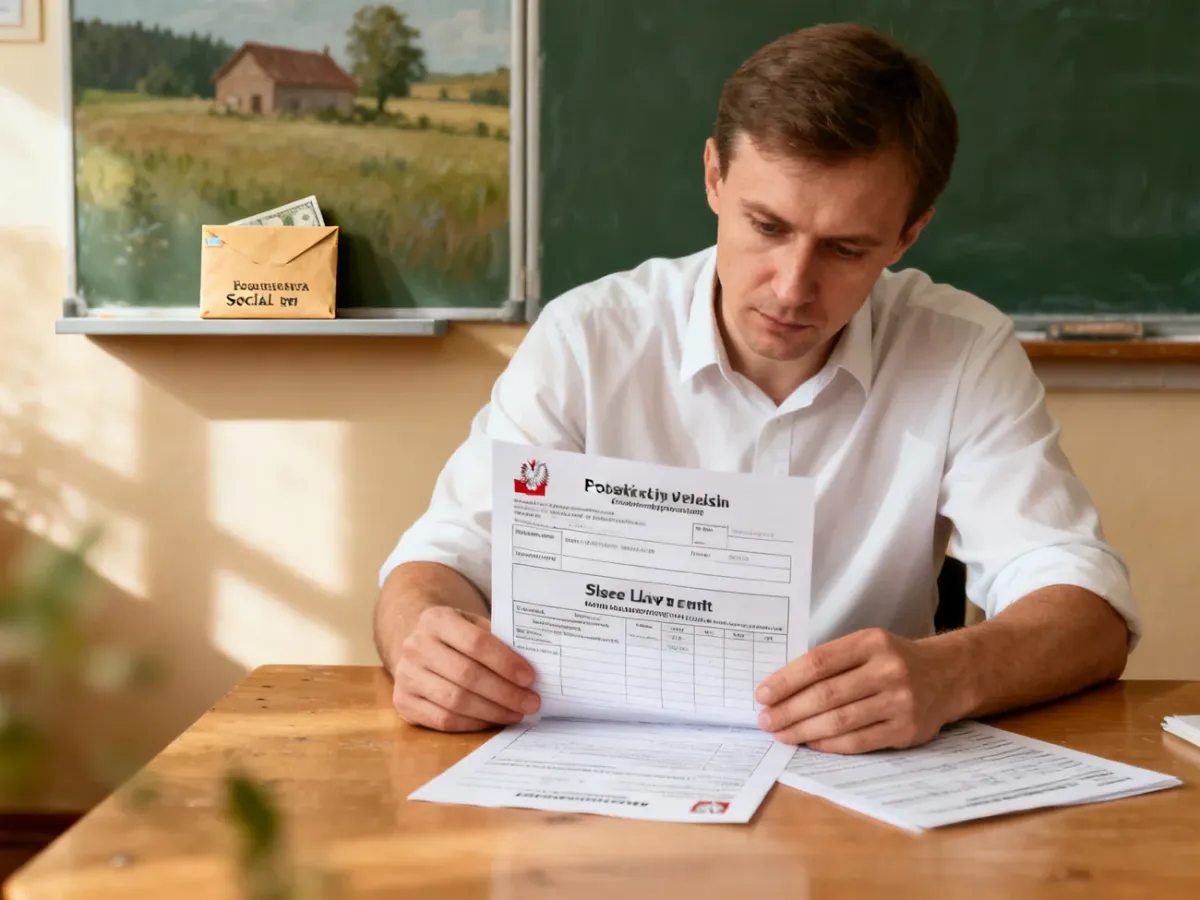 Nauczyciel analizujący dokumenty dotyczące wynagrodzenia chorobowego i dodatku wiejskiego