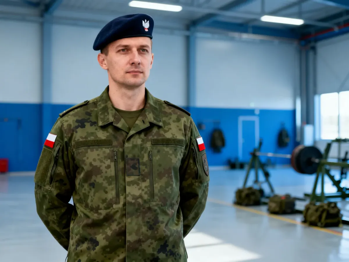 Polski żołnierz szeregowy w mundurze na tle wyposażenia wojskowego