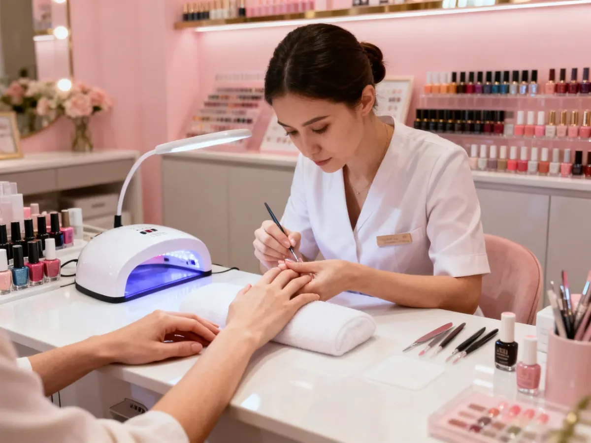 Stylistka paznokci wykonująca manicure w nowoczesnym salonie