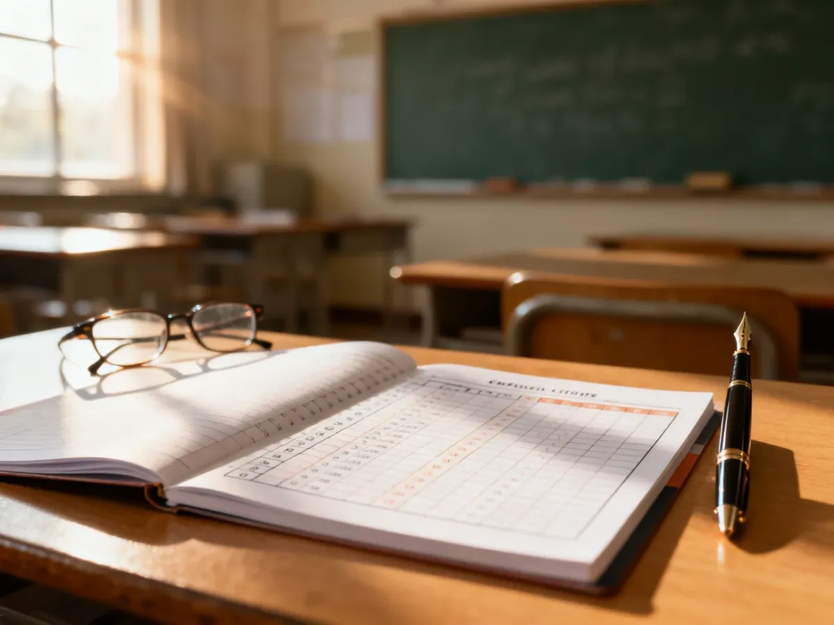 Dziennik nauczycielski, pióro i okulary na drewnianym biurku w klasie, symbolizujące pracę pedagogiczną.