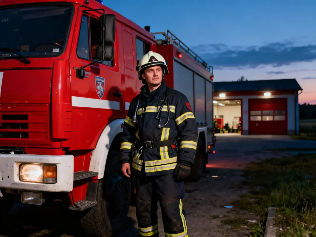 Strażak ochotnik OSP stojący przy wozie strażackim po zakończonej akcji