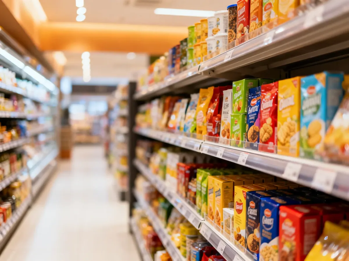 Idealnie ułożone produkty na półkach nowoczesnego supermarketu, prezentujące estetykę pracy merchandisera.