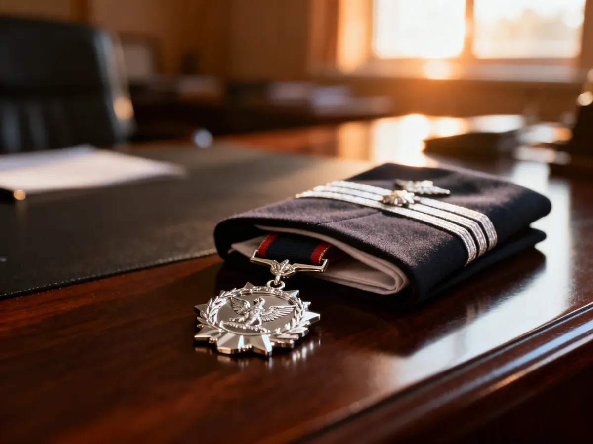 Srebrny medal wojskowy i pagon z dystynkcjami na biurku, symbolizujące prestiż i zasady awansu w służbie wojskowej.