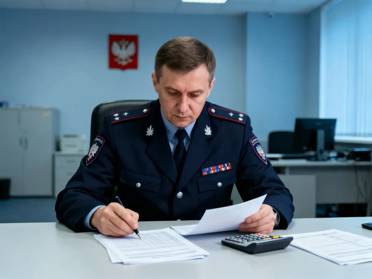 Komisarz Policji analizujący dokumenty dotyczące wynagrodzenia w biurze