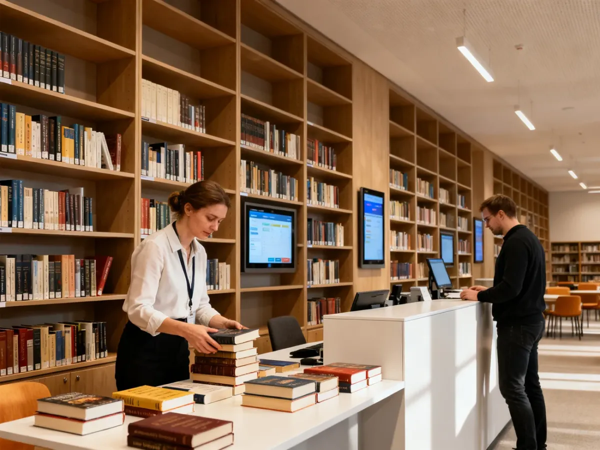 Bibliotekarz pracujący w nowoczesnej bibliotece publicznej