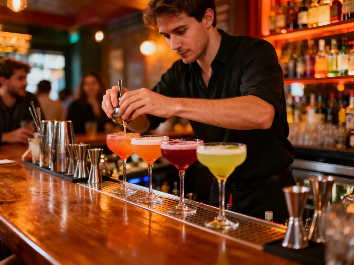 Barman przygotowujący koktajle za barem w zatłoczonym pubie