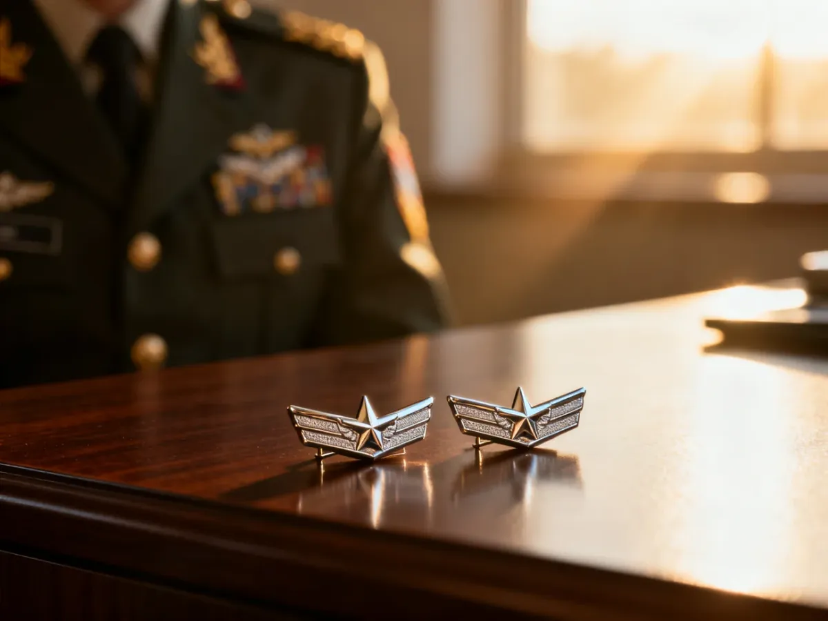 Błyszczące dystynkcje wojskowe ułożone na drewnianym biurku, symbolizujące stopień wojskowy.