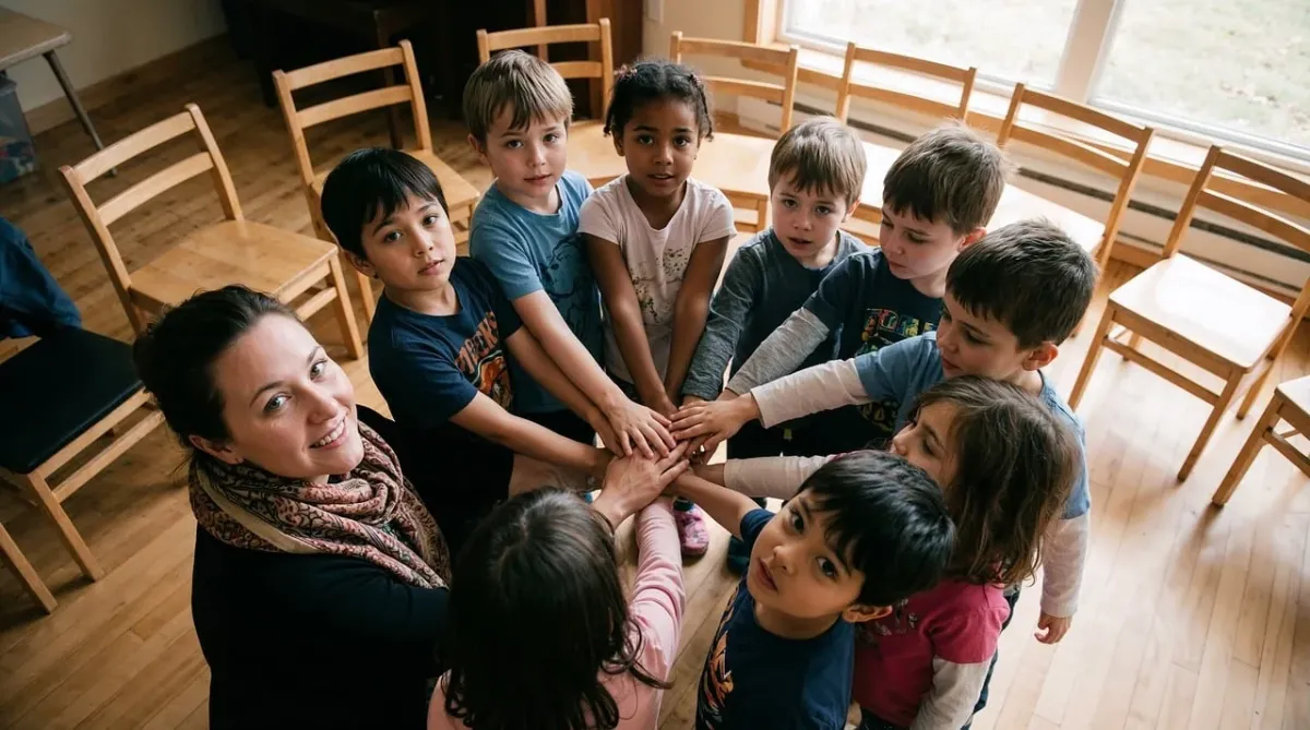 Nauczyciel prowadzący lekcję w klasie, w której dzieci z entuzjazmem podnoszą ręce do góry.