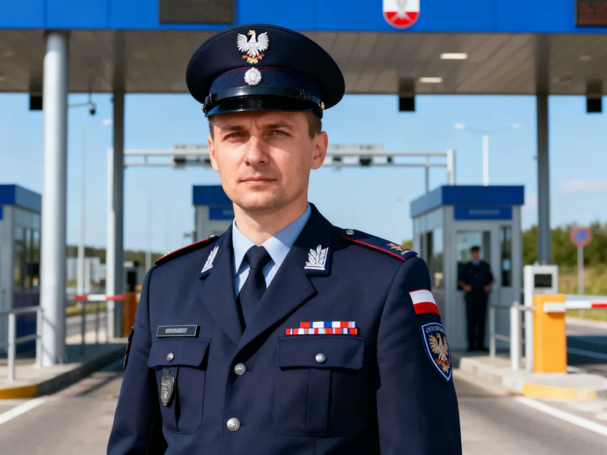 Funkcjonariusz Straży Granicznej na służbie przy przejściu granicznym