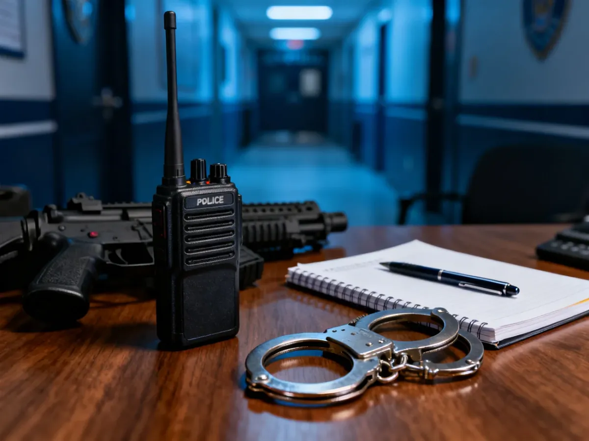 Sprzęt negocjatora policyjnego, w tym krótkofalówka, kajdanki i notatnik, leżący na biurku w biurze policji.