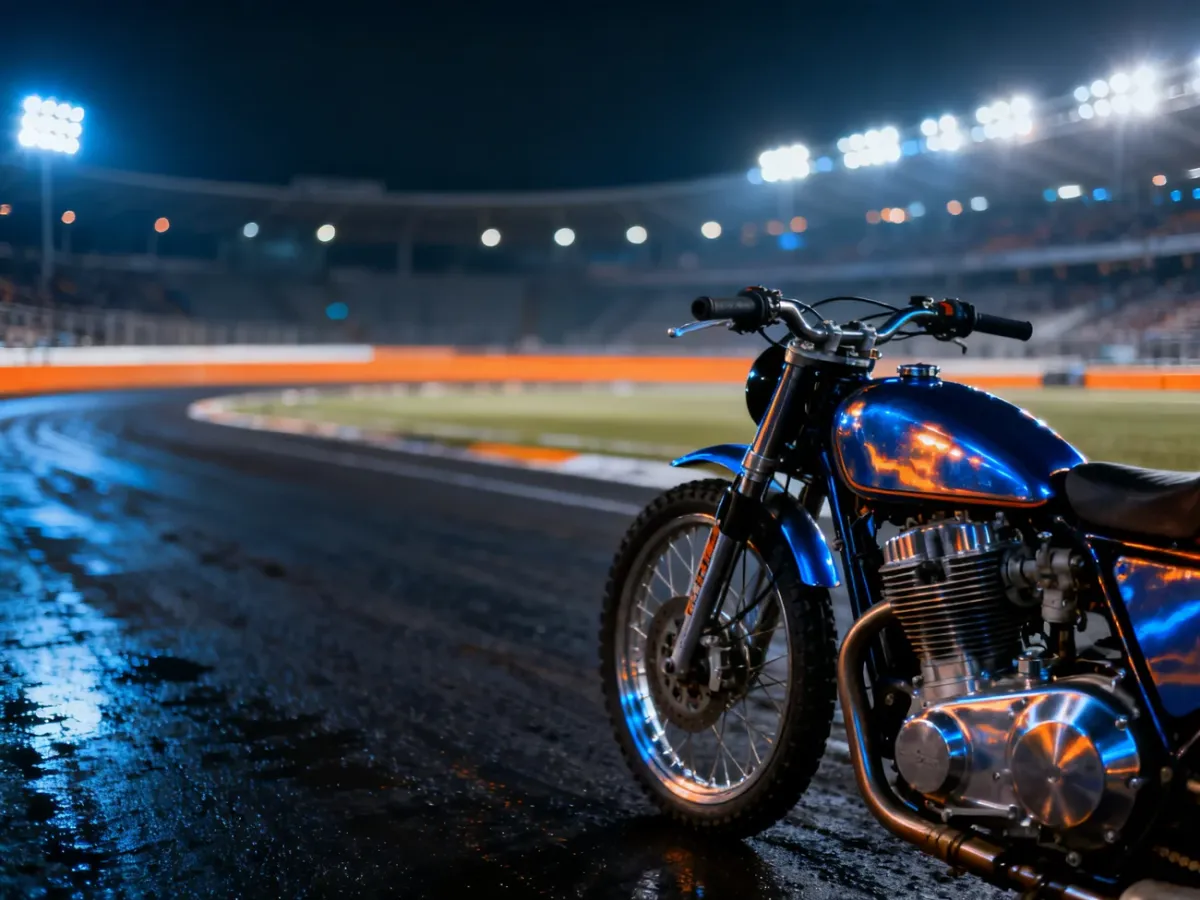 Profesjonalny motocykl żużlowy na mokrym torze w świetle stadionowych reflektorów podczas nocnych zawodów.