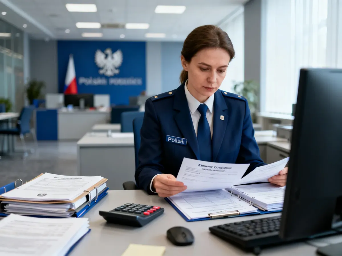 Inspektor kontroli analizujący dokumentację składkową w biurze