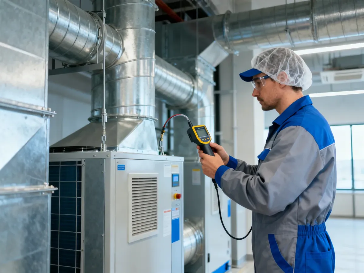 Monter HVAC diagnozujący instalację wentylacyjną w budynku komercyjnym