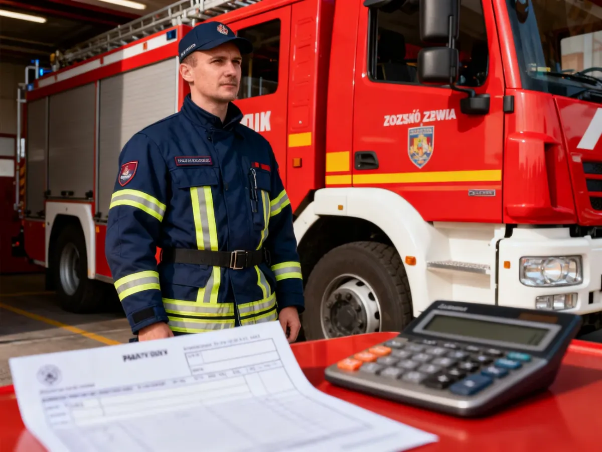 Strażak Państwowej Straży Pożarnej przy wozie bojowym na tle remizy