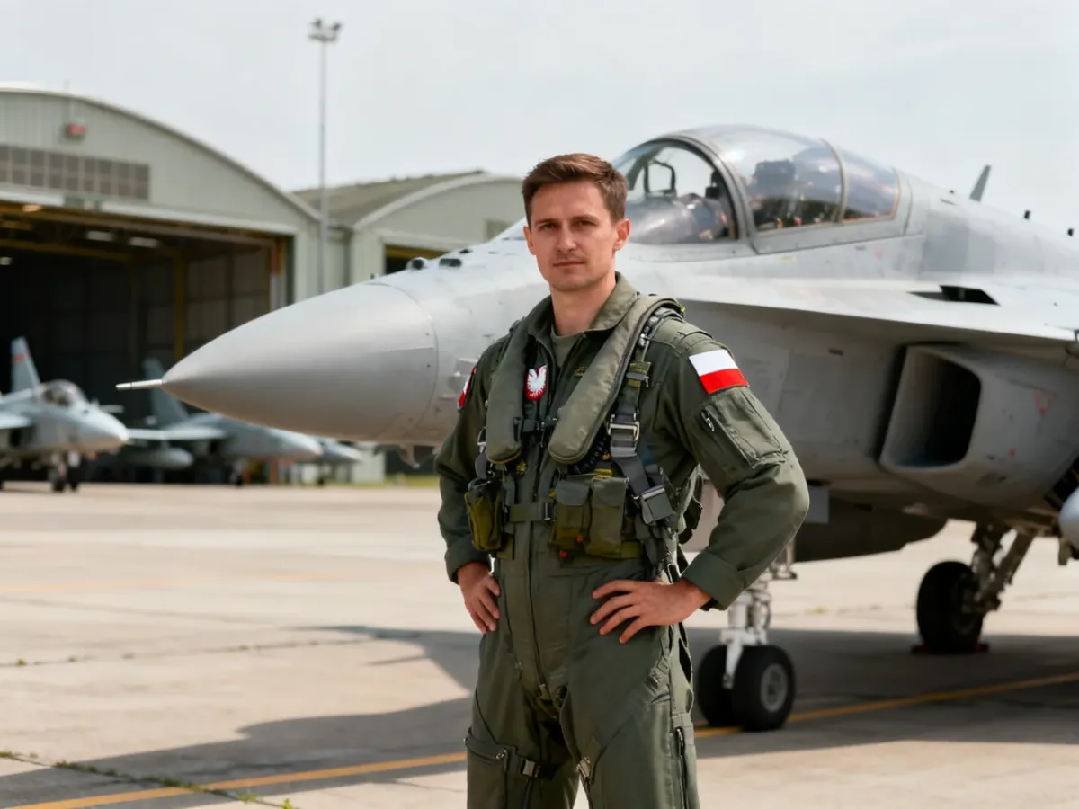 Pilot wojskowy stojący obok nowoczesnego samolotu bojowego na terenie bazy lotniczej