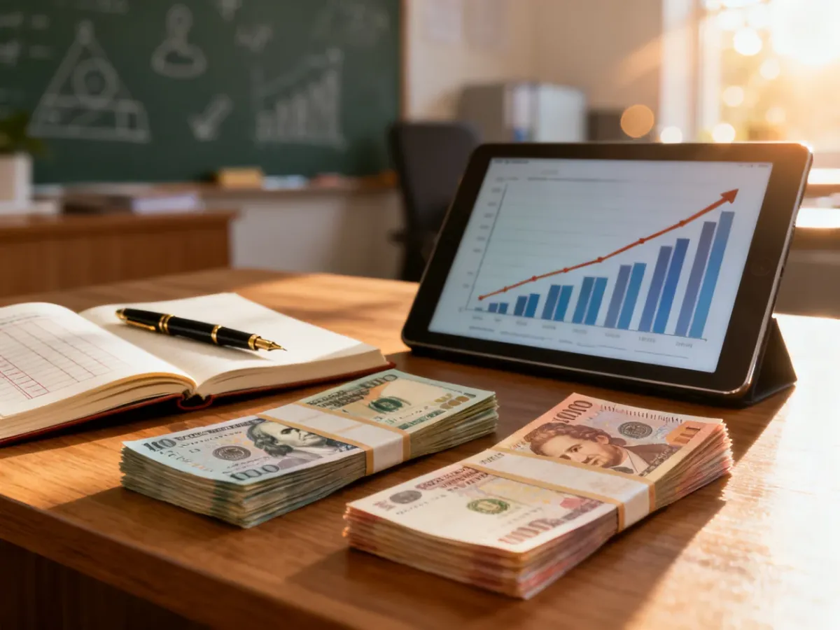 Dwie stosy banknotów obok dziennika lekcyjnego i tabletu z wykresami, symbolizujące porównanie zarobków nauczycieli.