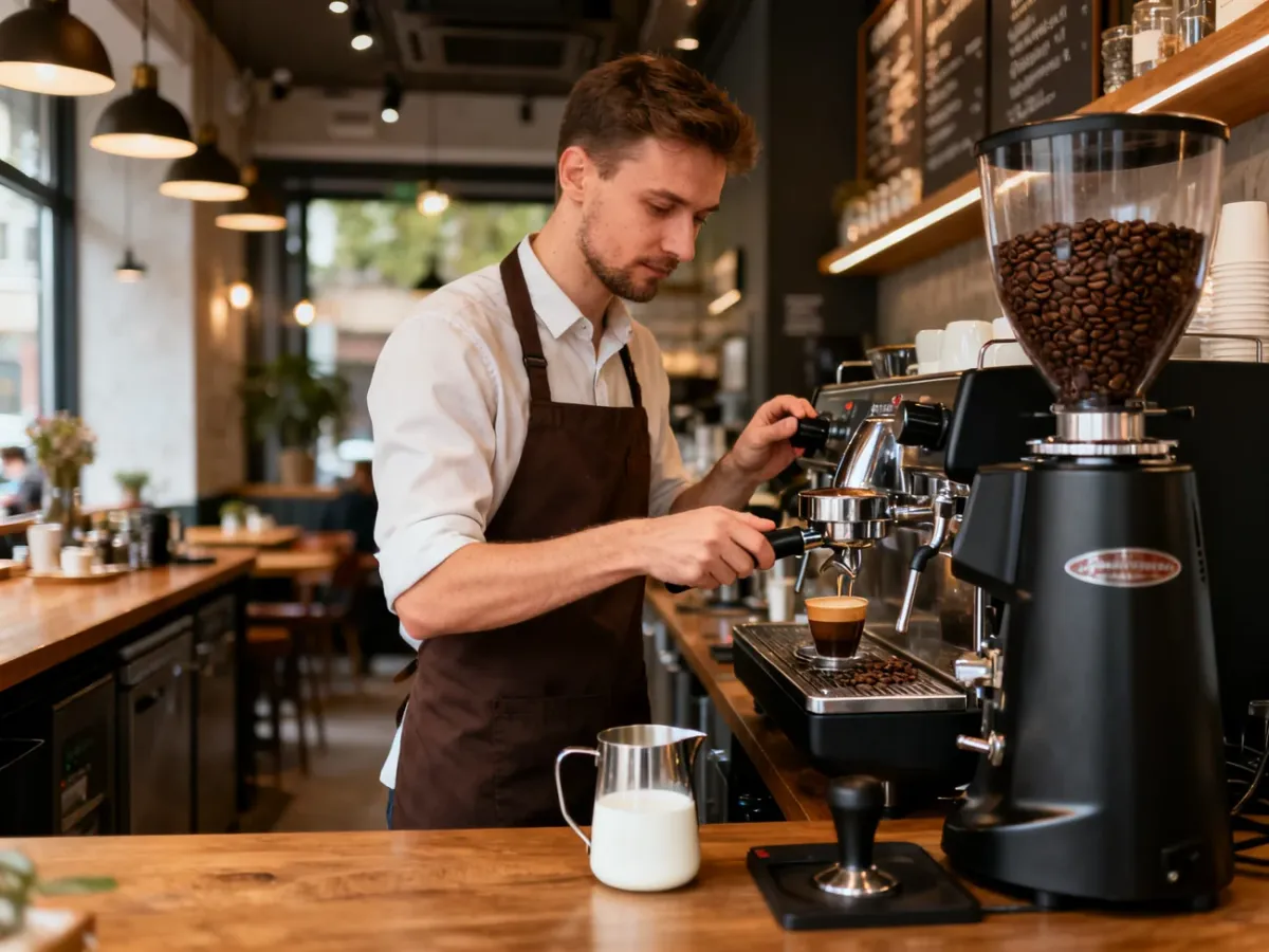 Barista przygotowujący espresso w kawiarni